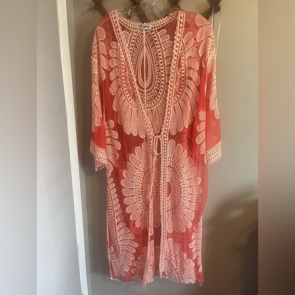 Asha boho beach cover swim cover dark coral and cream vacation wear O/S